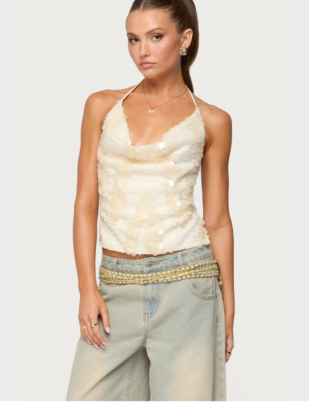 Reid Backless Sequin Cowl Neck Top